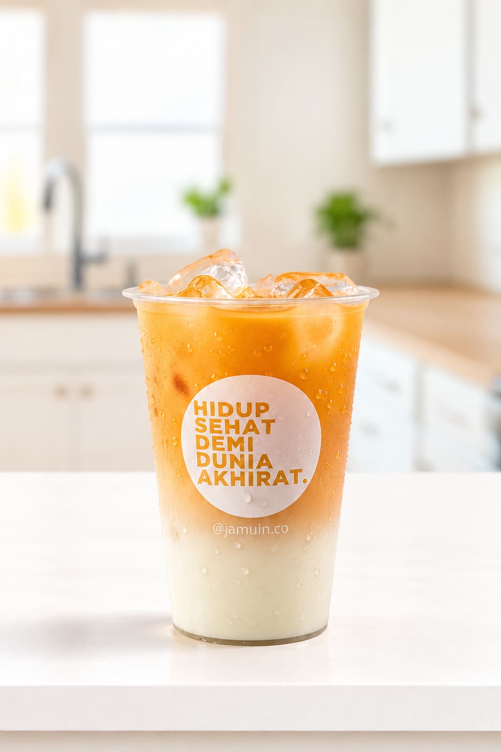 Segelas Golden Glow Latte Jamuin dengan gradasi kunyit keemasan dan susu