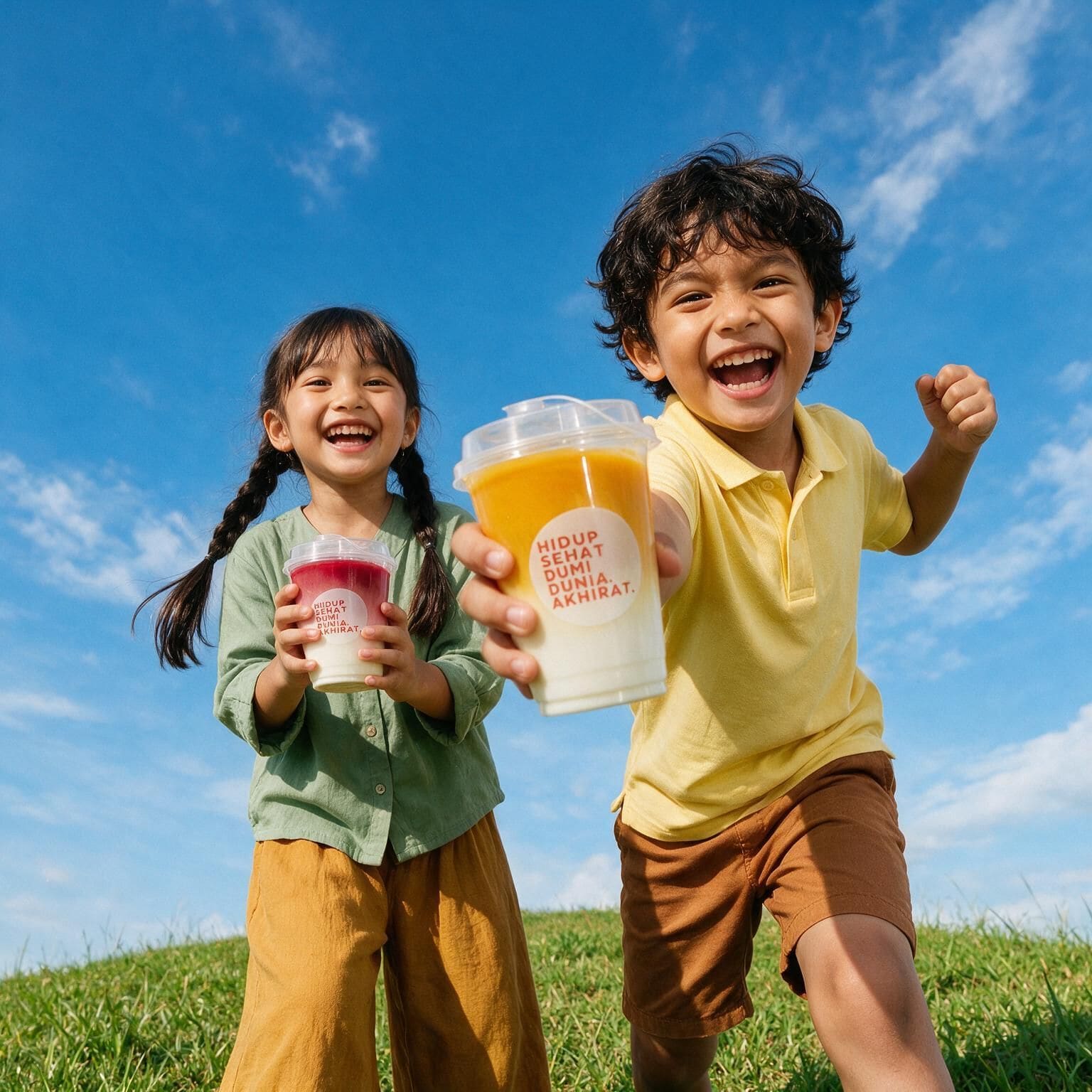 Dua anak tertawa sambil mengangkat gelas Jamuin di padang rumput di bawah langit biru